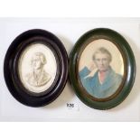 An oval plaster miniature relief of William Pitt inscribed to verso and a hand tinted engraving of