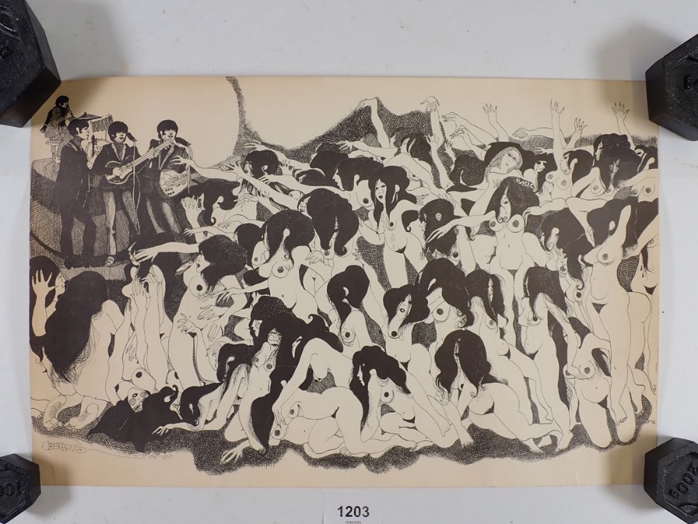 Patricia Oberhaus erotic print of The Beatles performing to naked ladies!, unframed, 26 x 40cm