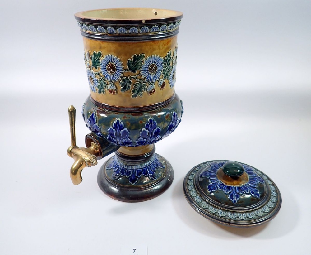 A Doulton Lambeth stoneware water filter with blue floral decoration, brass tap, 36cm tall - Image 2 of 6