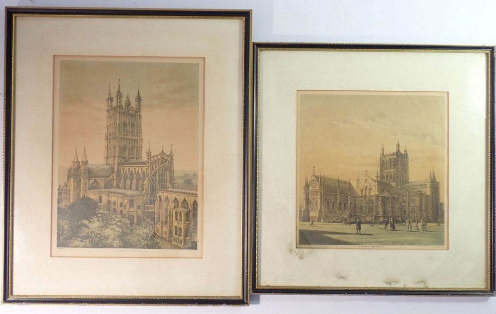 A coloured engraving of Hereford Cathedral by Hanhart and a Gloucester Cathedral one by Stannard, 28