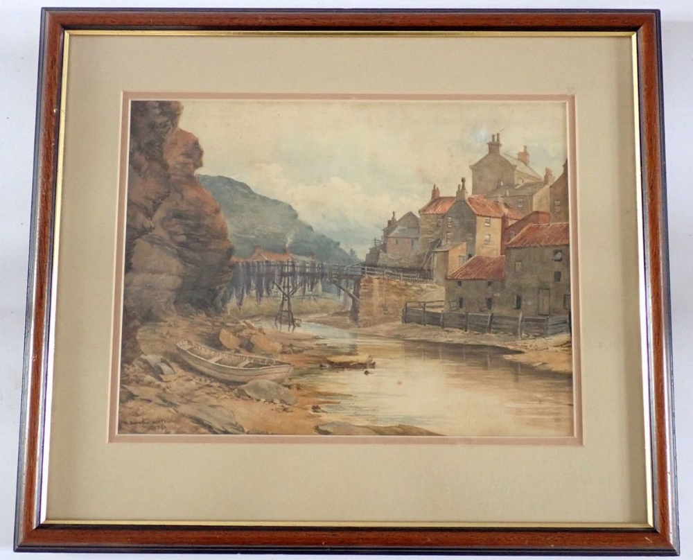 W Bownes-Burton - 'A Yorkshire Fishing Village' watercolour 1891, 27 x 36cm