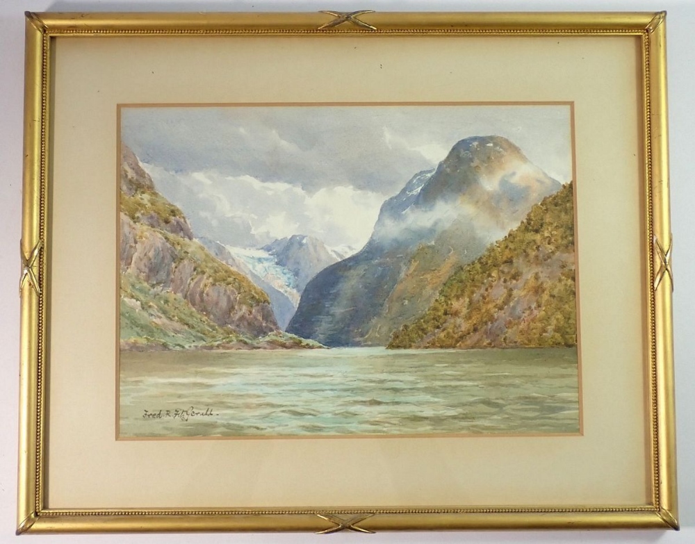 Frederick Fitzgerald - watercolour alpine lake scene, 23 x 32cm