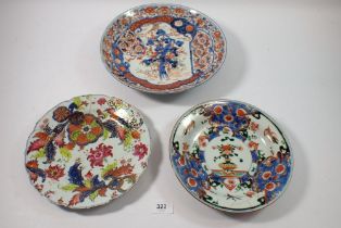 A Chinese Imari plate - a/f, 27cm and two other Chinese 18th century plates, damaged