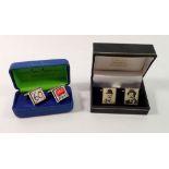A pair of Sonia Spencer cufflinks '60th Birthday' and a Laurel & Hardy pair, both boxed