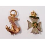 A 9 carat gold Kings Rifle Corps sweetheart badge and a naval HMS Valiant one, 7.8g