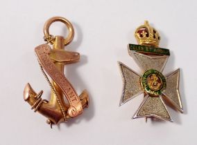 A 9 carat gold Kings Rifle Corps sweetheart badge and a naval HMS Valiant one, 7.8g