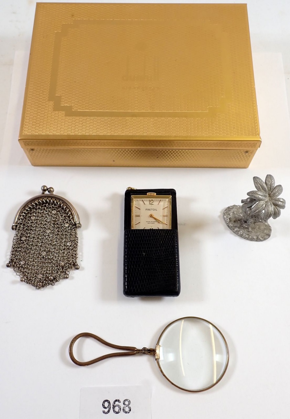 A white metal chain coin purse, a lorgnette, a Spoontique pewter miniature flamingo, a Fretoil watch