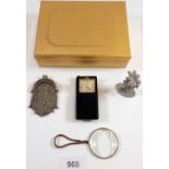 A white metal chain coin purse, a lorgnette, a Spoontique pewter miniature flamingo, a Fretoil watch