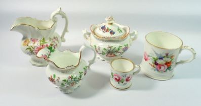 A Victorian floral painted milk and covered sugar with similar jug, a large tankard and a child's