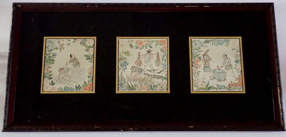 A set of three Chinese watercolours on silk paintings depicting rice farmers, framed as one, 15.5 - Image 3 of 3