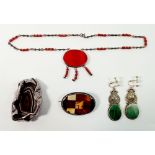 A pair of Indian white metal malachite earrings, an orange stone set silver necklace and two