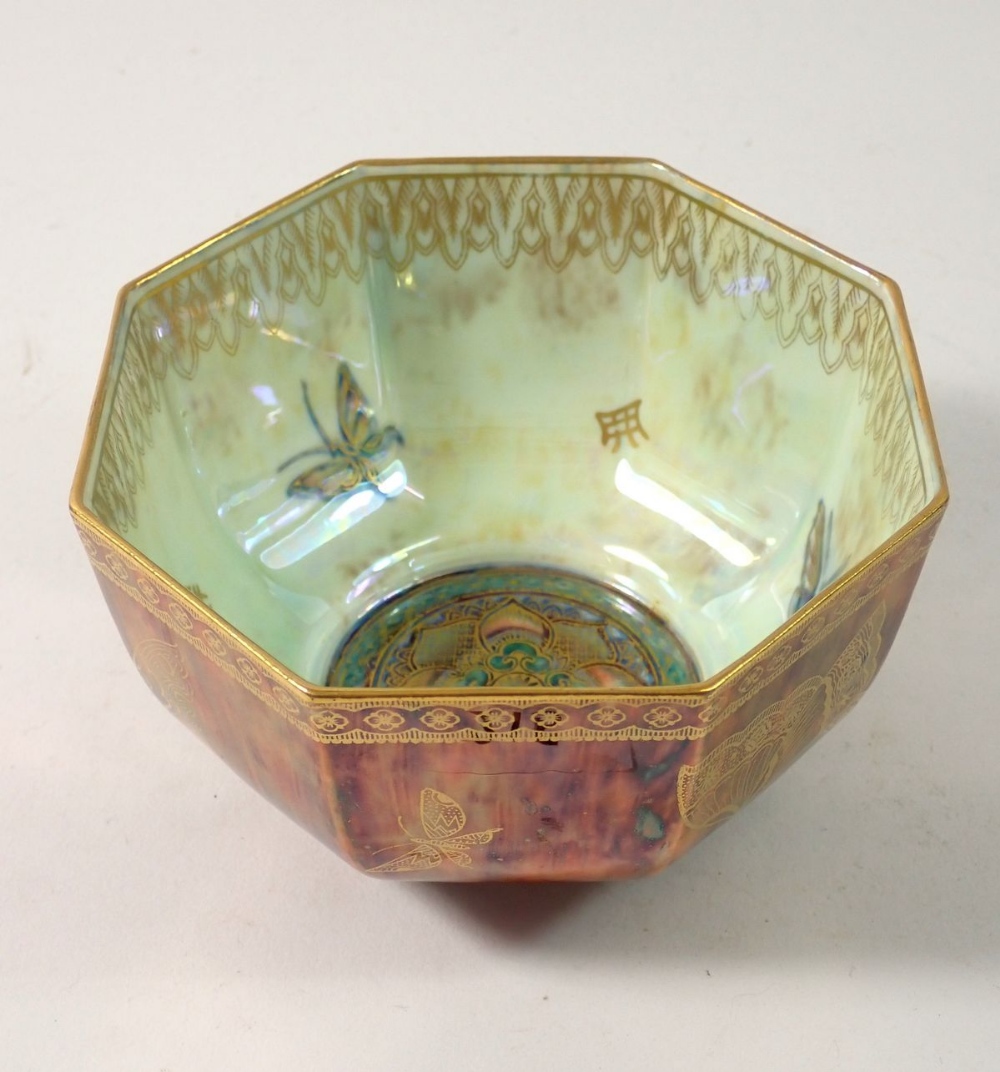 A Wedgwood Butterfly lustre octagonal bowl by Daisy Makeig Jones, 12cm wide