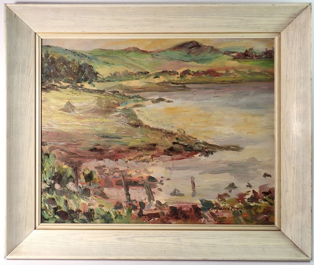 Constance Hamilton - oil on board lake scene with surrounding hills, 38 x 49cm