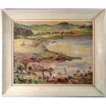 Constance Hamilton - oil on board lake scene with surrounding hills, 38 x 49cm