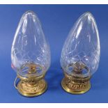 A pair of cut glass pear drop light fittings with gilt metal fittings, 24cm