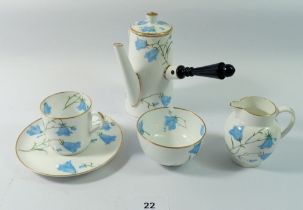 A Copeland bachelors chocolate pot, cup and saucer, milk jug and sugar all painted harebells, No.