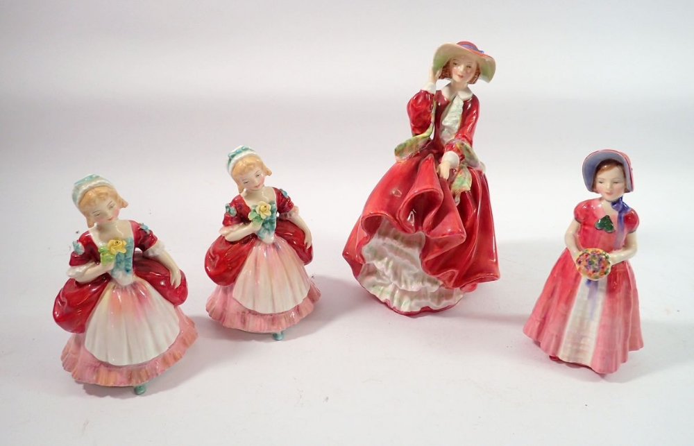 Four Doulton figures - 'Top of the Hill', two Valerie figures and Diana, tallest 18cm