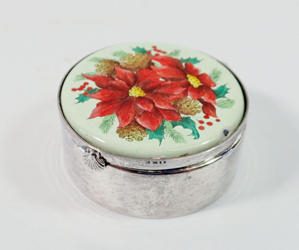 A Thistle & Bee silver Christmas trinket box with enamel poinsettia lid, 4.5cm diameter