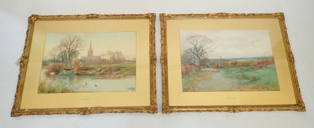 Henry Charles Fox - pair of watercolours of Salisbury and sheep in landscape, 36 x 53cm