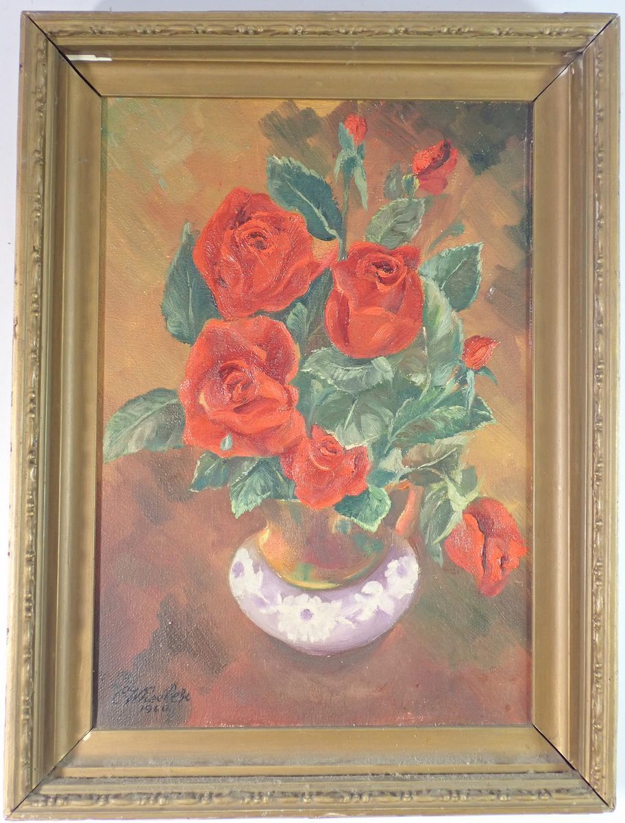 Wheeler - oil on canvas rose in jug dated 1960, 35 x 24cm