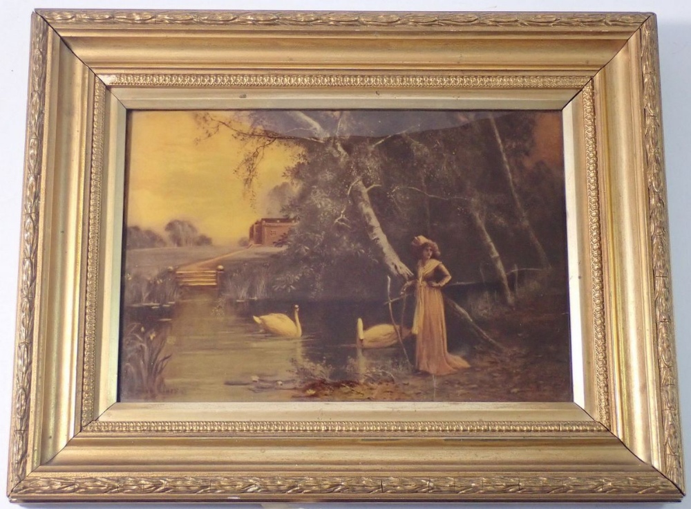 A Victorian Christoleon picture woman and swans by a river, 16.5 x 24.5cm