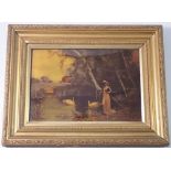 A Victorian Christoleon picture woman and swans by a river, 16.5 x 24.5cm