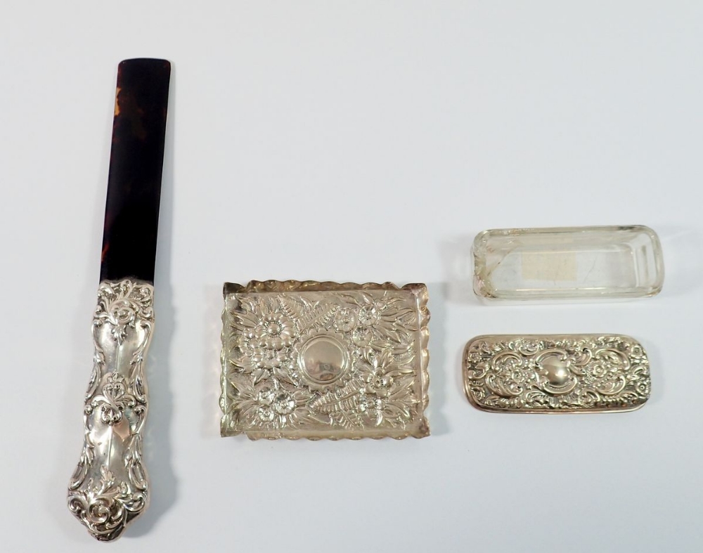 A silver floral embossed pin tray 7 x 9.5cm 37g, London 1892, a glass dressing table box with silver - Image 2 of 2