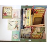 A box of vintage children's books including Donald Duck, The Rubaiyat of a Persian kitten, Alice