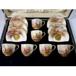 A set of six Royal Worcester coffee cans and saucers painted pheasants by James Stinton in a
