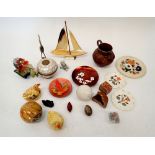 A box of interesting collectables including enamel dishes, gemstones, horn sailing ship etc.