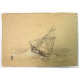 Hudson - charcoal and chalk sketch of a sailing boat, dated 1881, 23.5 x 33.5cm