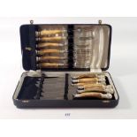 A set of horn handled and silver plated cutlery by H H Pidduck & Sons, cased