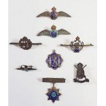 Seven various silver military sweetheart brooches for RAF etc and a silver football medal