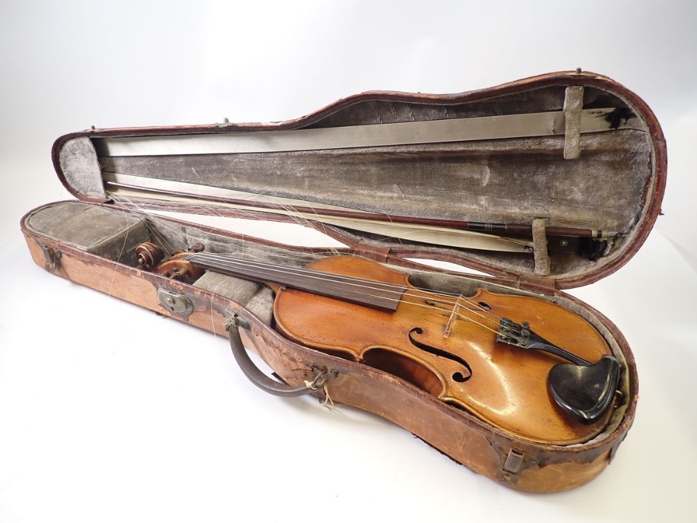 A 19th century Bohemian violin in the style of Gagliano 14" back with bow and case, the bow - Image 11 of 11