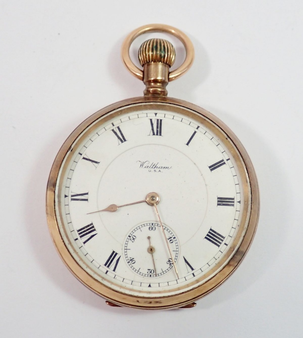 A 9 carat gold Waltham pocket watch with seconds dial