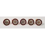 Five 15 carat gold buttons inset mother of pearl and red enamel, 12.5g