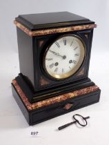 A Victorian black slate and red marble mantel clock, 22cm