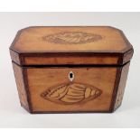 A George mahogany III tea caddy inlaid with satinwood shell to top and front, 19 x 10.5 x 12cm