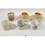 A pair of 19th century gilt and white coffee cans and saucers and four coffee cans including one