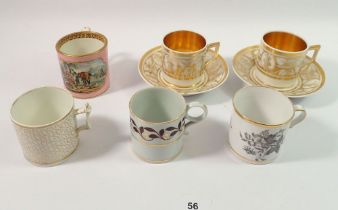 A pair of 19th century gilt and white coffee cans and saucers and four coffee cans including one