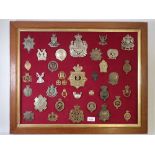 A framed display of thirty seven military cap badges, helmet badges etc.