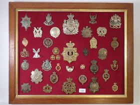 A framed display of thirty seven military cap badges, helmet badges etc.