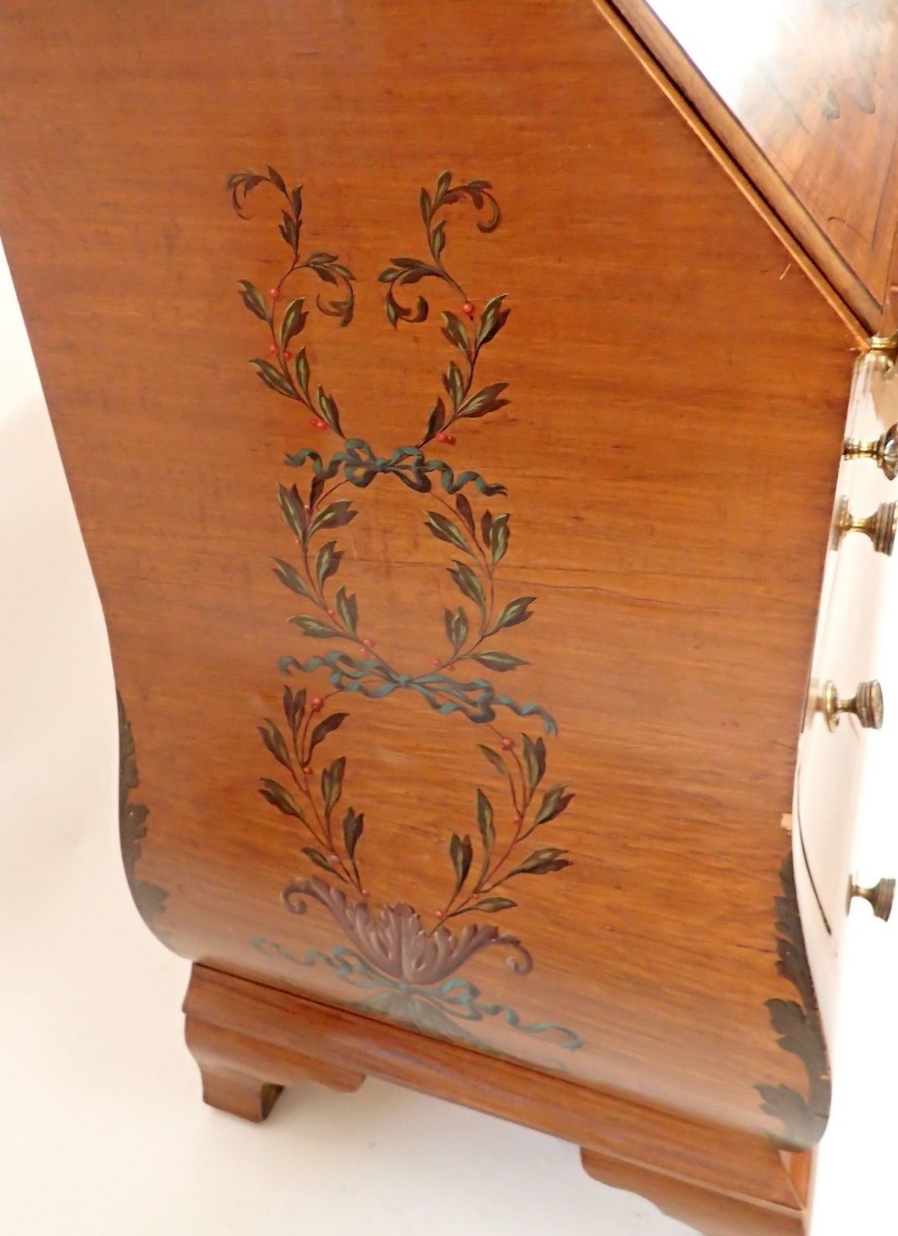 A fine Edwardian Sheraton revival bureau of bombe form with all over floral painted decoration and - Image 5 of 8