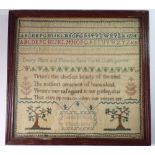 An early 19th century alphabet sampler with text and trees by Sarah M Nye 1834, 30.5 x 32.5cm