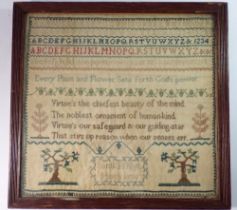 An early 19th century alphabet sampler with text and trees by Sarah M Nye 1834, 30.5 x 32.5cm