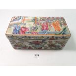 A Chinese 19th century Canton famille rose rectangular box and lid decorated court ladies and