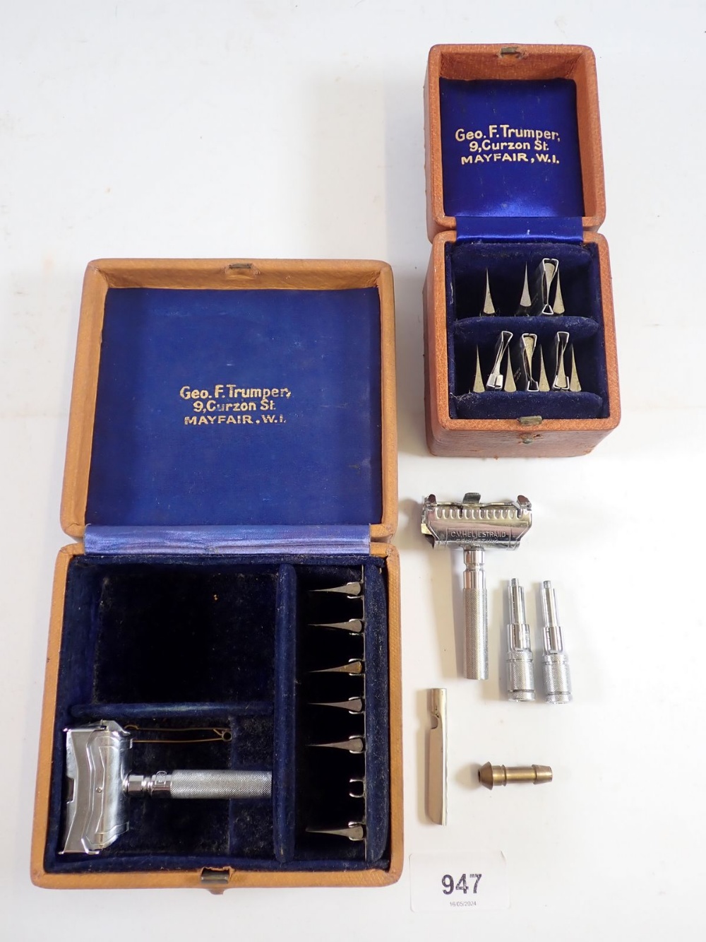 A leather cased set of C.V. Heljestrand, Eskilstuna, Sweden razors and blades plus a set of extra