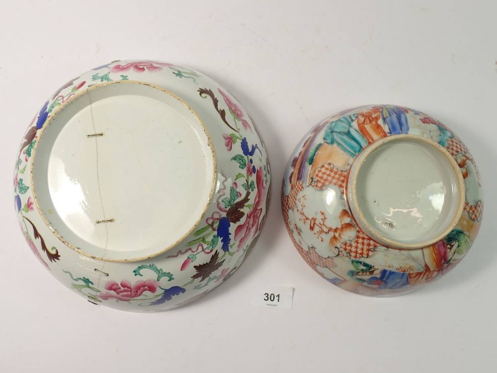 A Chinese 18th century famille rose fruit bowl painted peonies and a Canton one with figurative - Image 4 of 4