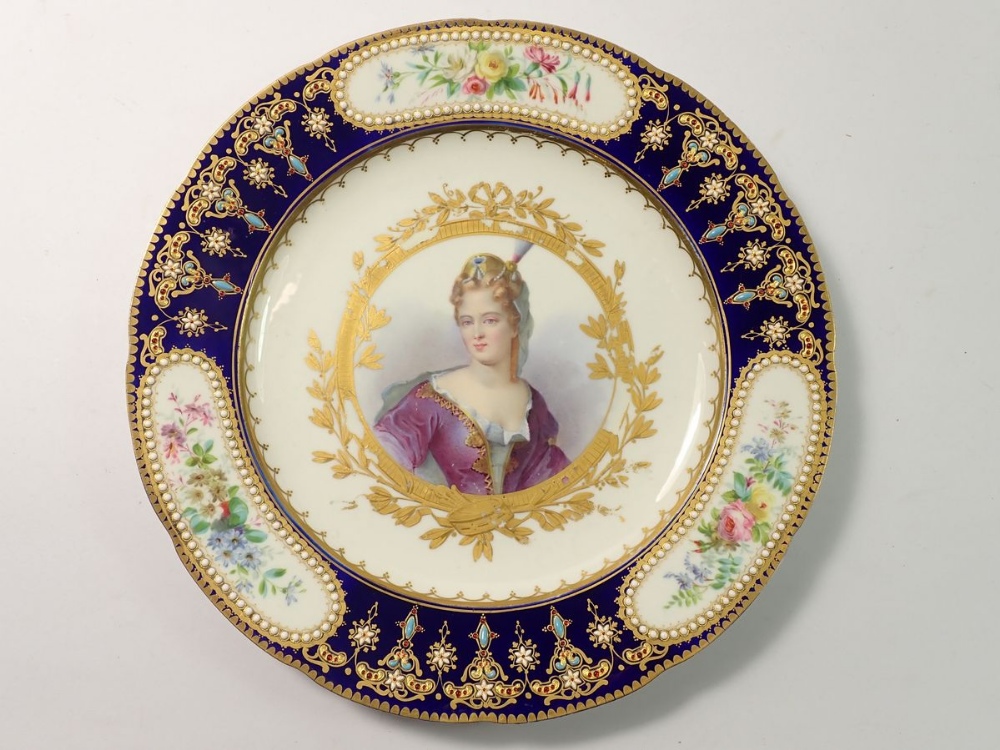 A pair of 19th century Sevres cabinet plates depicting Queen Anne of England and Duchess of Maine, - Image 2 of 11