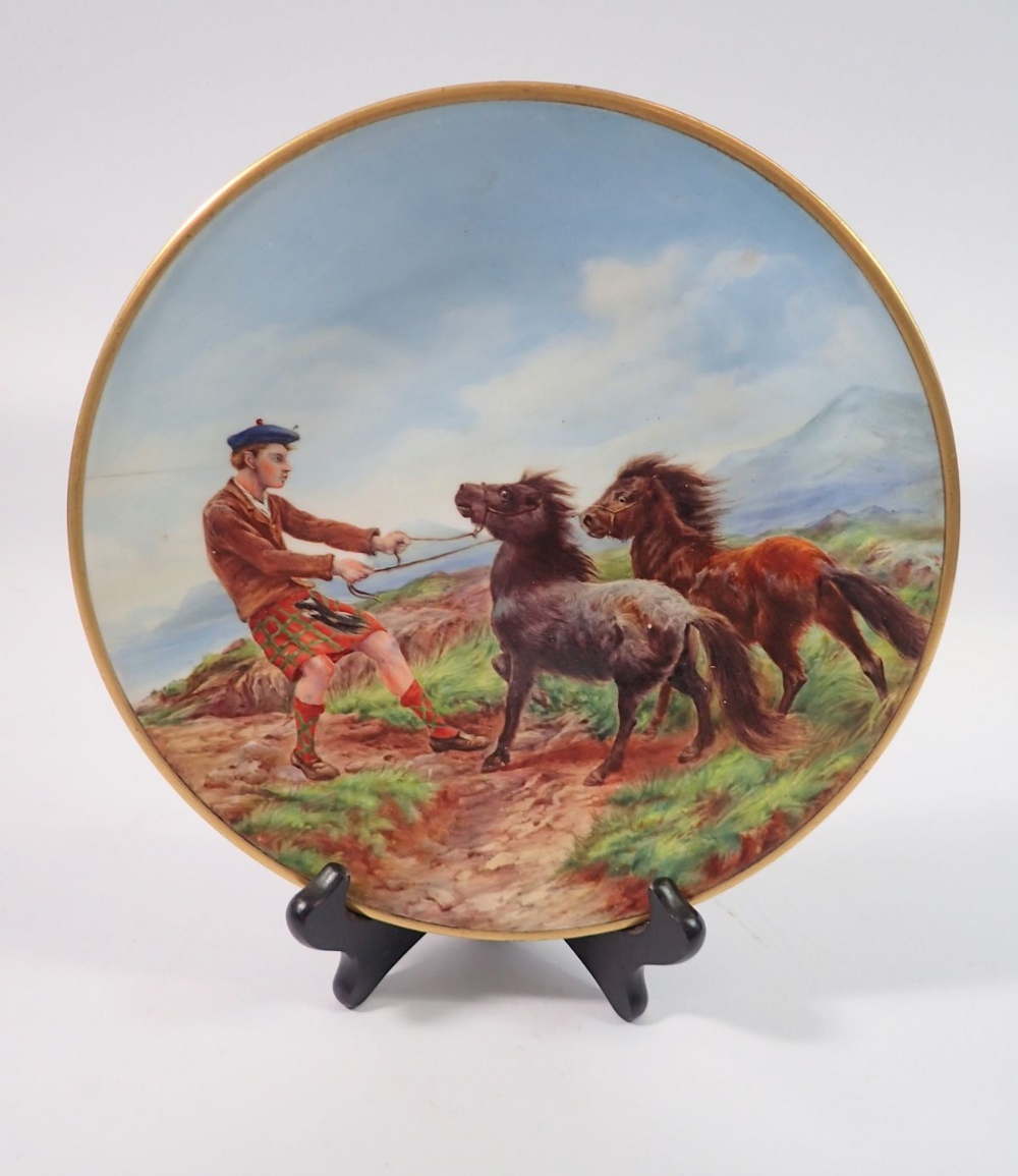 A Royal Worcester plate painted Scotsman and two ponies, with hairline crack, 23cm diameter